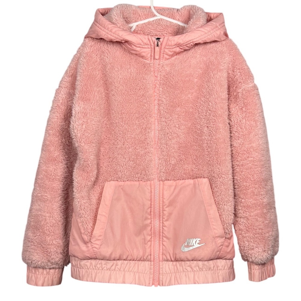 Nike Girls Pink Sherpa Fleece Full Zip Hoodie Jacket Silver Logo Size S Small